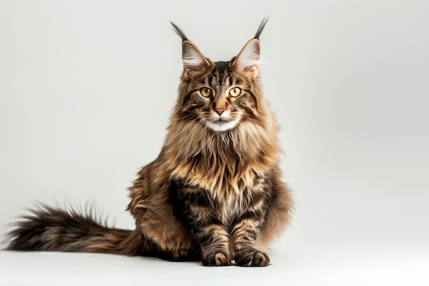 Een Maine Coon kat die sierlijk poseert tegen een lichte achtergrond