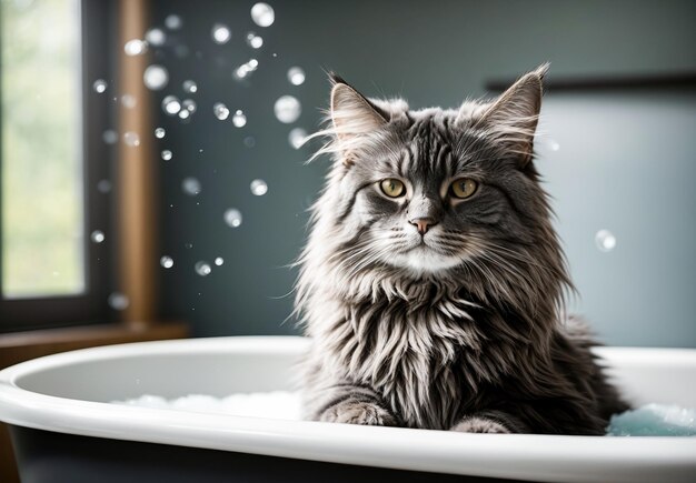 Een Maine Coon kat zit rustig in een badkuip gevuld met water en toont het verzorgingsaspect van Maine Coon zorg