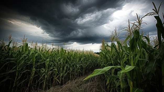 Een maïsveld met een donkere lucht op de achtergrond