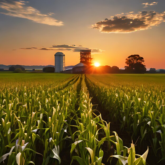 een maïsveld met een silo en een silo op de achtergrond