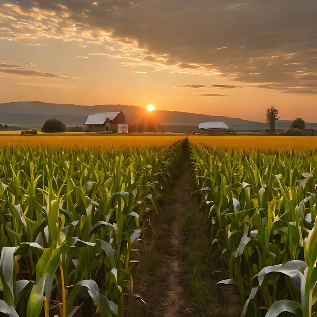 een maïsveld met een zonsondergang op de achtergrond