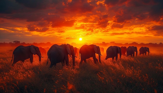 een majestueus beeld van een kudde olifanten die bij zonsondergang over de Afrikaanse savanne lopen