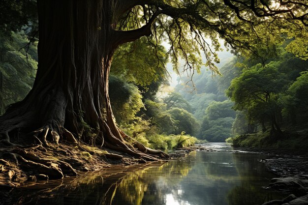 Foto een majestueus cederwoud met zonlicht dat door de takken filtert