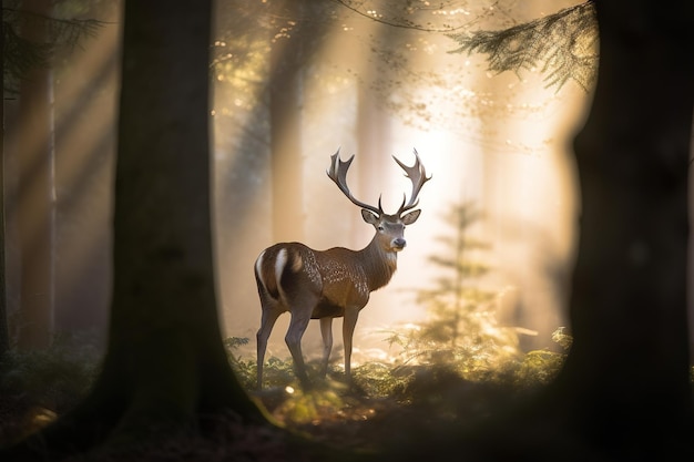 Een majestueus hert met gewei dat bij zonsopgang trots in het bos staat