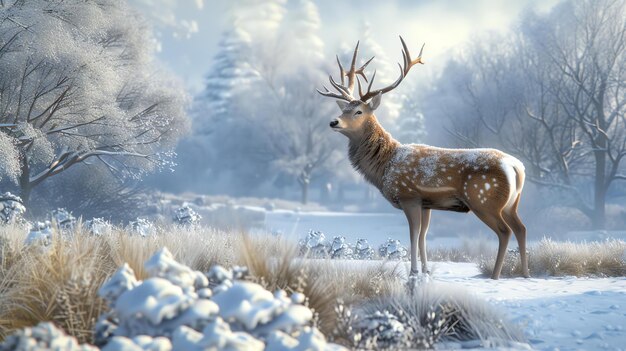 Foto een majestueus hert staat in het midden van een besneeuwd bos de zon schijnt door de bomen en creëert een prachtig gezicht