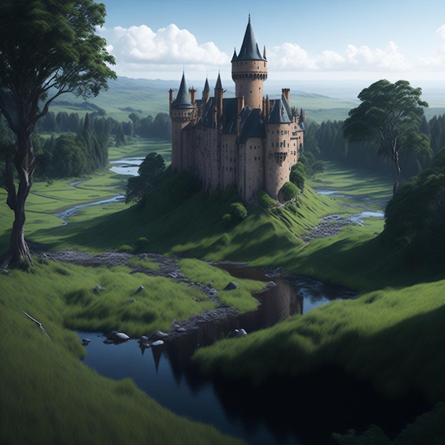 Een majestueus kasteel omgeven door weelderige groene velden en een kronkelende rivier