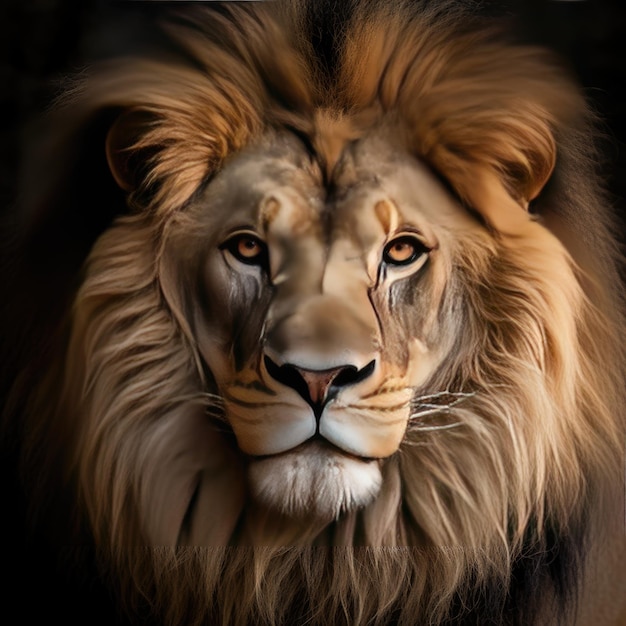 Een majestueus leeuwengezicht in close-up met een opvallende zwarte achtergrond