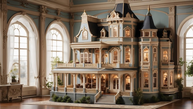 Een majestueus poppenhuis in Victoriaanse stijl met intrinsiek