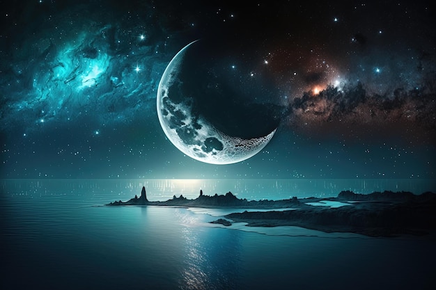 Een majestueus uitzicht op de halve maan van de Ramadan en een woest zeelandschap, ai generatief