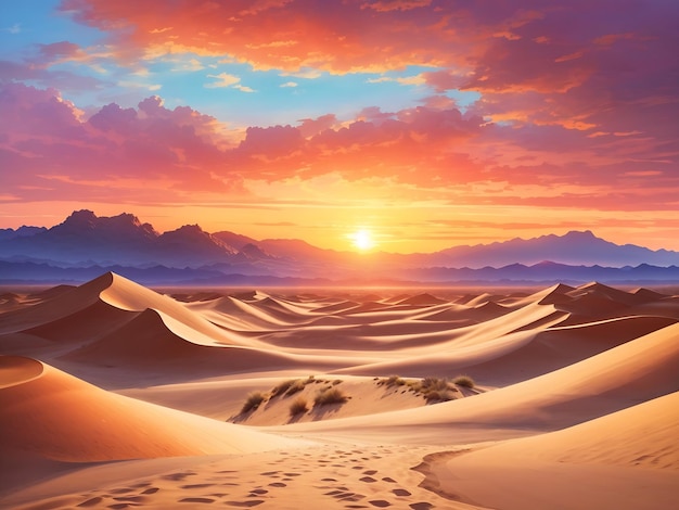 Een majestueus woestijnlandschap met zandduinen die zich uitstrekken tot aan de horizon.