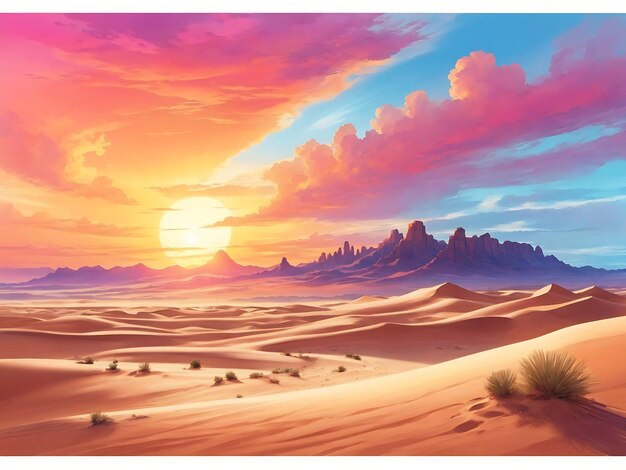 Een majestueus woestijnlandschap met zandduinen die zich uitstrekken tot aan de horizon.
