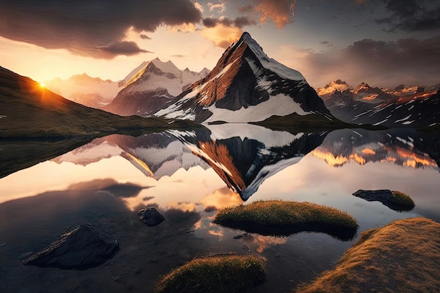 Een majestueuze berg die uitsteekt boven een rustig meer en een adembenemend landschap creëert De berg is ruig en rotsachtig met besneeuwde toppen die afsteken tegen de blauwe lucht Generatieve AI