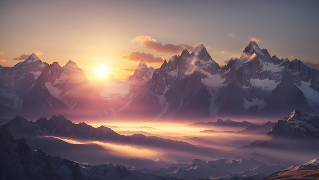 Een majestueuze bergketen waar de zon achter de toppen ondergaat in een vredige omhelzing