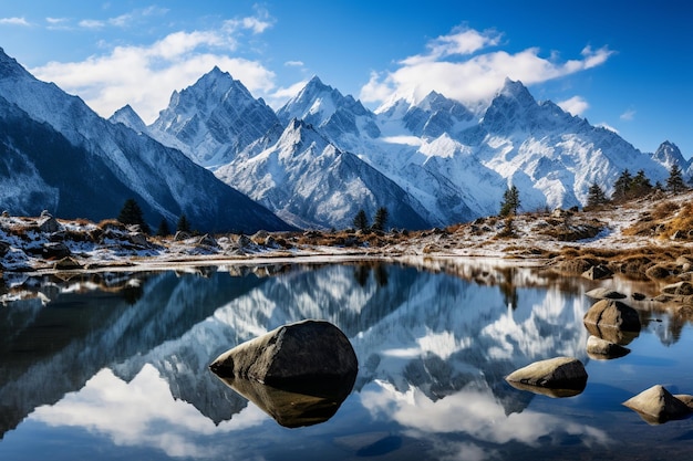 een majestueuze bergketen weerspiegeld in een rustige vijver die de adembenemende schoonheid van de natuur vastlegt