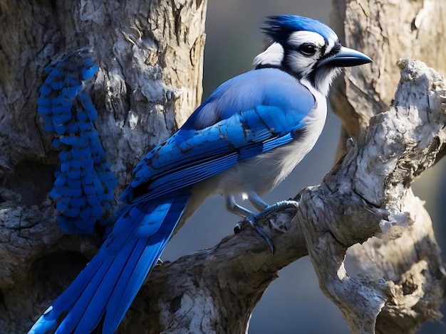 Een majestueuze blauwe jay die op een knorrige boomtak zit met zijn veren die schitteren in het zonlicht.