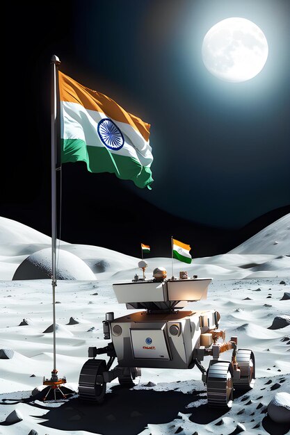 een majestueuze chandrayaan 3-astronaut met indiase vlag op maan generatieve ai