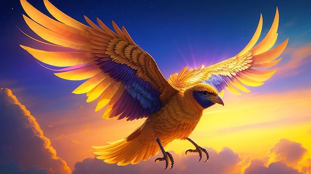 Een majestueuze goudgevleugelde vogel die door een technicolor hemel zweeft, zijn veren stralen een briljant uit