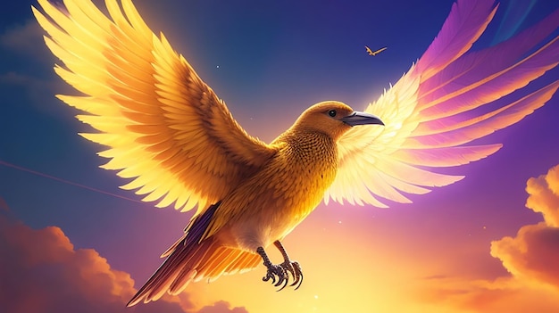 Een majestueuze goudgevleugelde vogel die door een technicolor hemel zweeft, zijn veren stralen een briljant uit