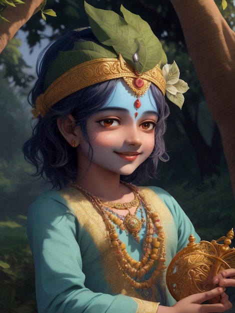 Een majestueuze heer baby Krishna schattige glimlach gezicht half lichaam portret lichtblauwe huidskleur