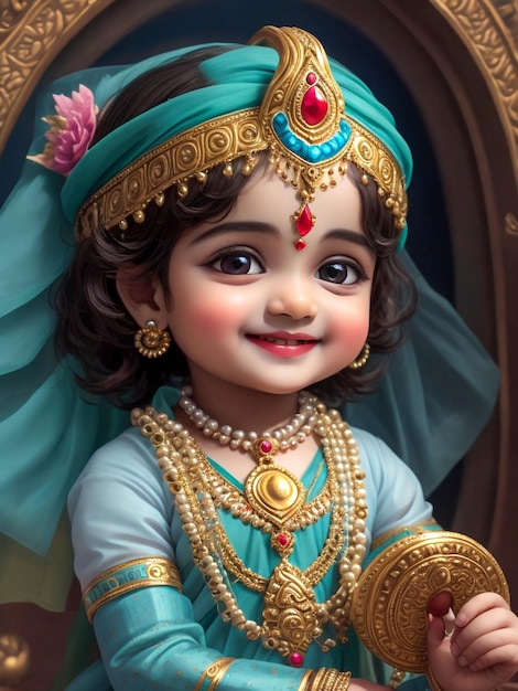 Een majestueuze heer baby Krishna schattige glimlach gezicht half lichaam portret lichtblauwe huidskleur