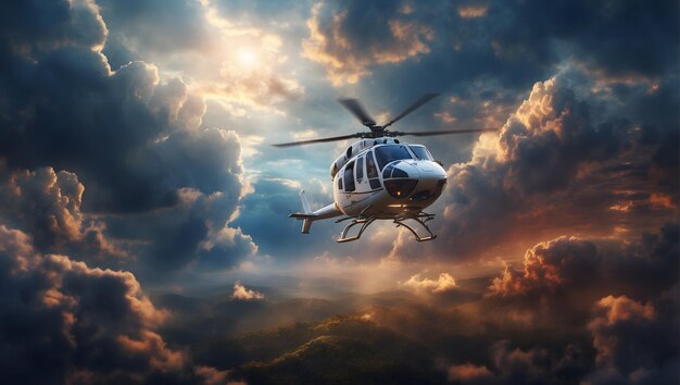 Foto een majestueuze helikopter vliegt door een dramatische bewolkte lucht en vangt de essentie van vrijheid en een