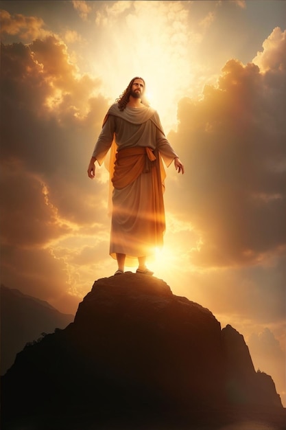Een majestueuze Jezus Christus die bovenop een heuvel staat, verlicht door een schitterend gouden licht