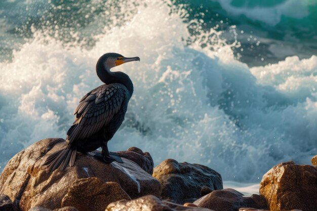 Een majestueuze kormoran die op kustrotsen zit met golven die op de achtergrond botsen