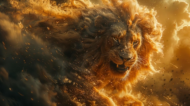 Een majestueuze leeuw die brult te midden van een dynamische explosie van water en stof gevangen in een moment van felle schoonheid en kracht