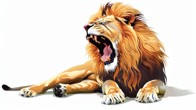 Een majestueuze leeuw met een gouden manen ligt en brult de achtergrond is wit en het gezicht van de leeuw is in zicht