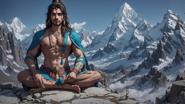 Een majestueuze Lord Shiva staat hoog op de besneeuwde toppen van de Himalaya, zijn trouwe stier Nandi
