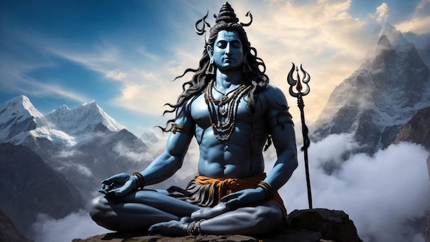 Een majestueuze Lord Shiva staat hoog op de besneeuwde toppen van de Himalaya, zijn trouwe stier Nandi