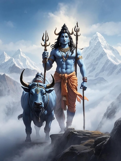 Een majestueuze Lord Shiva staat hoog op de besneeuwde toppen van de Himalaya, zijn trouwe stier Nandi