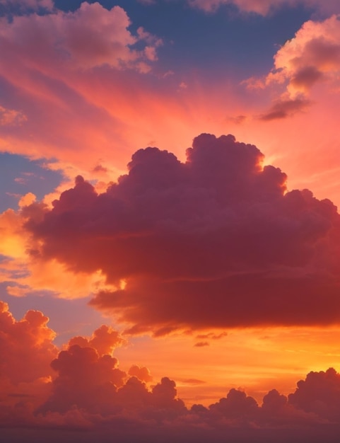 Een majestueuze lucht gevuld met levendige wervelingen van roze en oranje, verlicht door een schitterende oranje zon