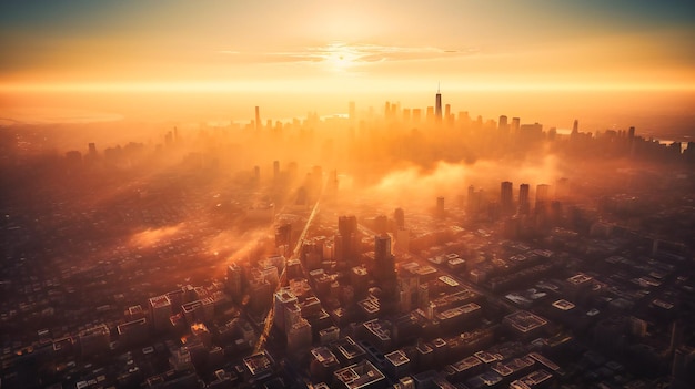 Een majestueuze luchtfoto van de skyline van een moderne stad tijdens een wazige zonsopgang