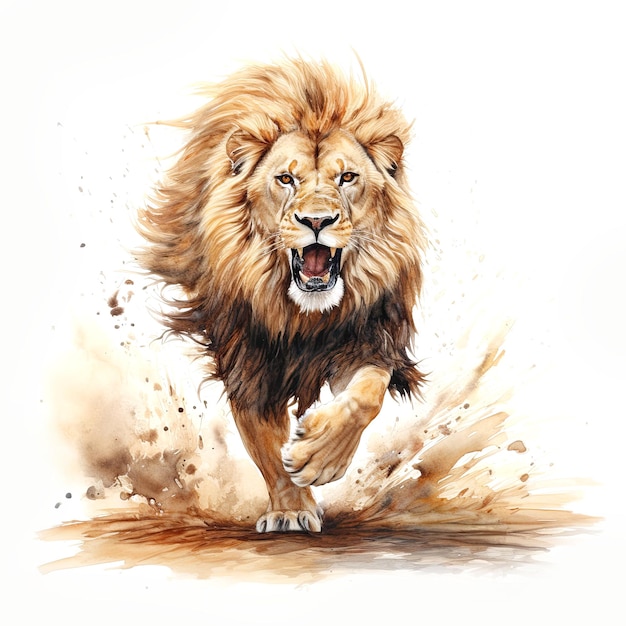 Een majestueuze mannelijke leeuw in waterverf stijl loopt door een droog en stoffig landschap