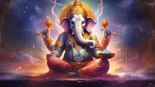 Een majestueuze olifant omringd door serene wateren die Lord Ganesh en Diwali vieren