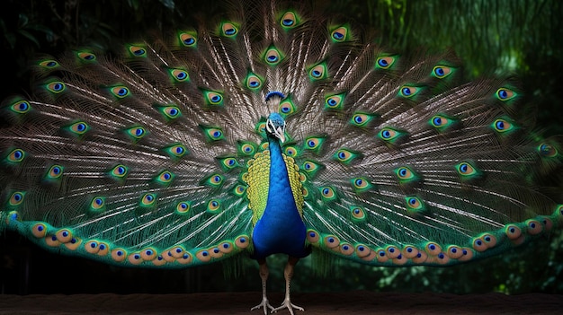 Een majestueuze pauw toont zijn levendige kleurrijke staartveren in volle pracht