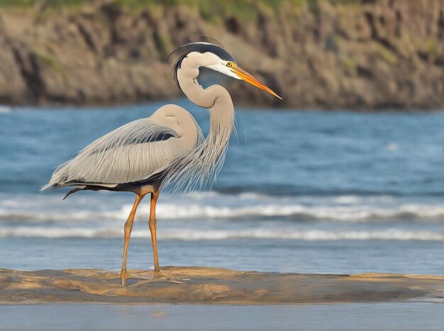 Een majestueuze reiger zit sierlijk op een verweerde strandstoel, zijn veren golvend door de oceaan