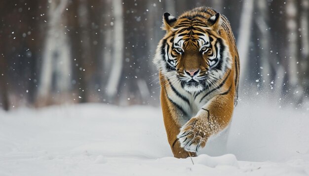 Foto een majestueuze siberische tijger die stiekem door een besneeuwd bos in het russische verre oosten beweegt