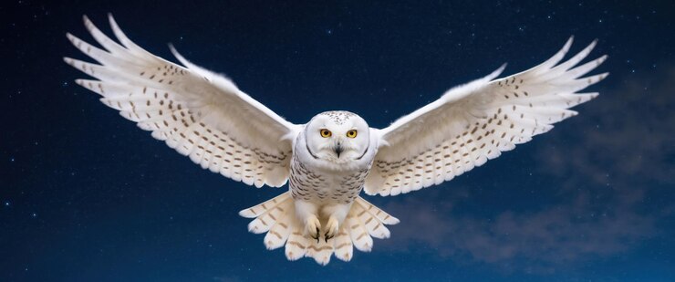 Foto een majestueuze sneeuwuil in vlucht tegen een sterrenrijke nachtelijke hemel die gratie en schoonheid belichaamt