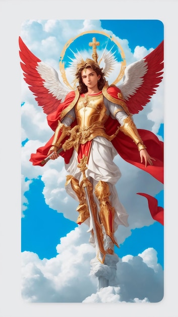 Een majestueuze Sticker van Saint Michael Archangel met een witte achtergrond bovenop een wolkenlucht