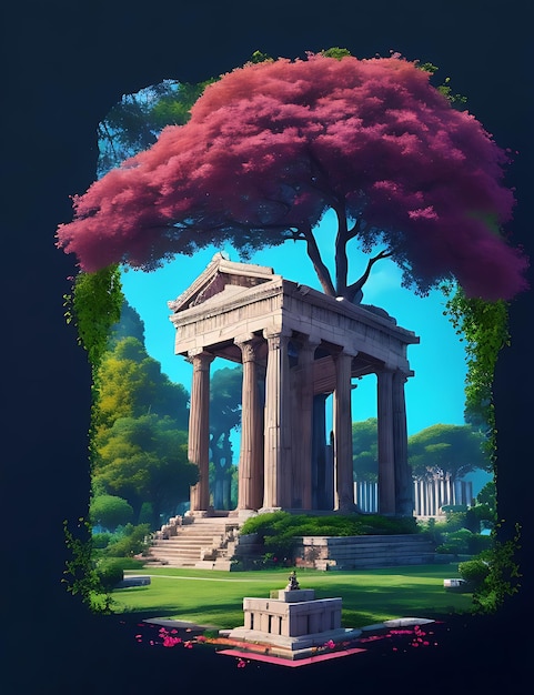 Een majestueuze tempel van Epicurus omringd door weelderige tuinen en een rustige boom