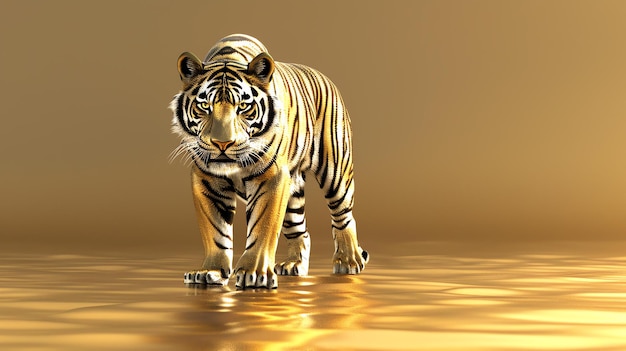 Foto een majestueuze tijger loopt over een gouden vlakte de vacht van de tijger glinstert in het zonlicht de achtergrond is een vage gouden licht