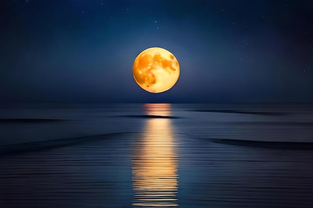 Een majestueuze volle maan zweeft boven een uitgestrekte oceaan en werpt een stralend pad van maanlicht op het rustige water...