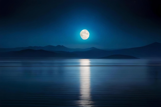Een majestueuze volle maan zweeft boven een uitgestrekte oceaan en werpt een stralend pad van maanlicht op het rustige water...