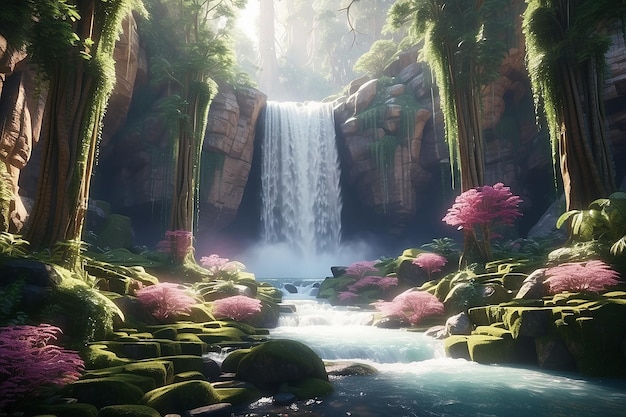 Een majestueuze waterval die door een betoverd bos stroomt