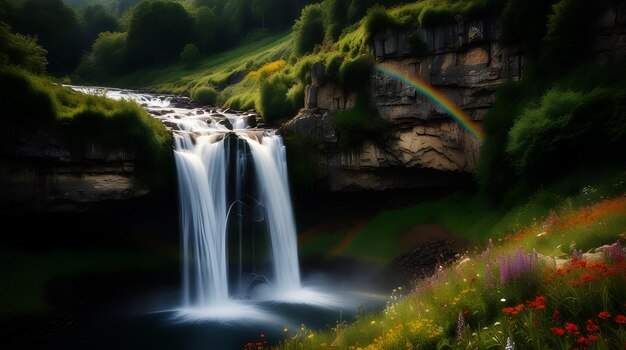 Een majestueuze waterval die van een rotsachtige klif afstroomt, omringd door weelderig groen en een regenboog van wilde dieren.