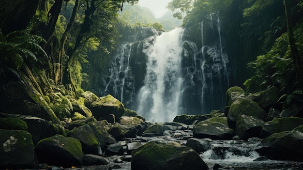 Een majestueuze waterval omringd door een weelderige bosbron