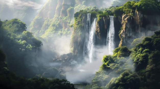 Een majestueuze waterval te midden van een weelderig groen bos in het etherische ochtendlicht