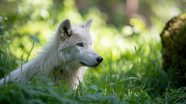 Een majestueuze witte wolf in de serene graslanden